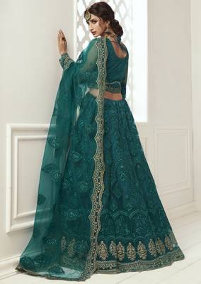  Teal Green Coding Embroidered Net & Silk Satin Lehenga Choli For Bride 3