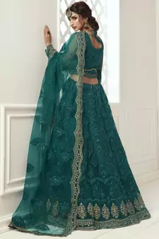  Teal Green Coding Embroidered Net & Silk Satin Lehenga Choli For Bride