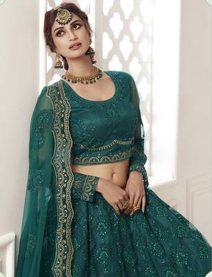  Teal Green Coding Embroidered Net & Silk Satin Lehenga Choli For Bride 4