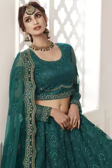  Teal Green Coding Embroidered Net & Silk Satin Lehenga Choli For Bride