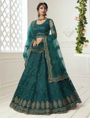  Teal Green Coding Embroidered Net & Silk Satin Lehenga Choli For Bride 1