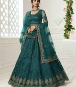  Teal Green Coding Embroidered Net & Silk Satin Lehenga Choli For Bride