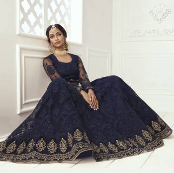 Deep Blue Coding Embroidered Net & Silk Satin Semi Stitched Lehenga choli for bride 2
