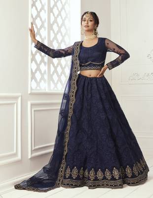 Deep Blue Coding Embroidered Net & Silk Satin Semi Stitched Lehenga choli for bride 1