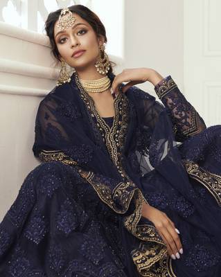 Deep Blue Coding Embroidered Net & Silk Satin Semi Stitched Lehenga choli for bride 3