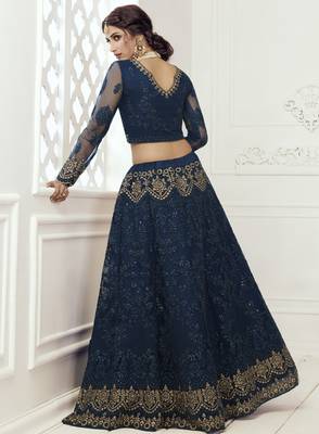Agreeable Prissian Blue Coding Embroidered Net & Silk Satin Lehenga Choli For Bride 2