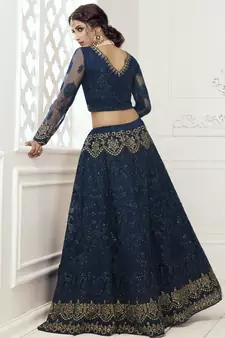 Agreeable Prissian Blue Coding Embroidered Net & Silk Satin Lehenga Choli For Bride