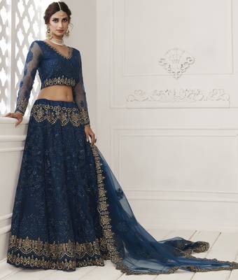 Agreeable Prissian Blue Coding Embroidered Net & Silk Satin Lehenga Choli For Bride 3