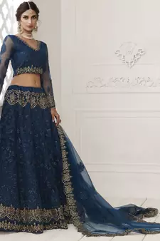 Agreeable Prissian Blue Coding Embroidered Net & Silk Satin Lehenga Choli For Bride
