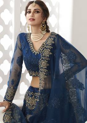 Agreeable Prissian Blue Coding Embroidered Net & Silk Satin Lehenga Choli For Bride 4