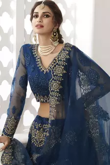Agreeable Prissian Blue Coding Embroidered Net & Silk Satin Lehenga Choli For Bride