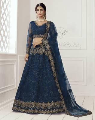 Agreeable Prissian Blue Coding Embroidered Net & Silk Satin Lehenga Choli For Bride 1