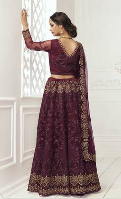 Pleasant Wine Coding Embroidered Net & Silk Satin Lehenga Choli For Wedding 3