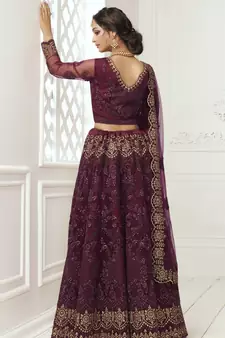 Pleasant Wine Coding Embroidered Net & Silk Satin Lehenga Choli For Wedding