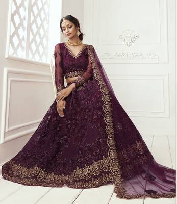 Pleasant Wine Coding Embroidered Net & Silk Satin Lehenga Choli For Wedding 4
