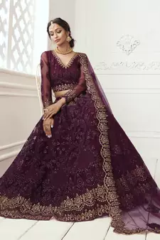 Pleasant Wine Coding Embroidered Net & Silk Satin Lehenga Choli For Wedding