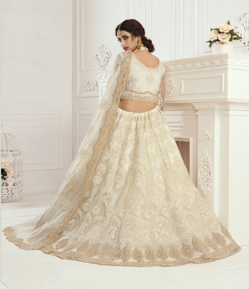 endearing Ivory Coding Embroidered Net & Silk Satin Lehenga choli for wedding