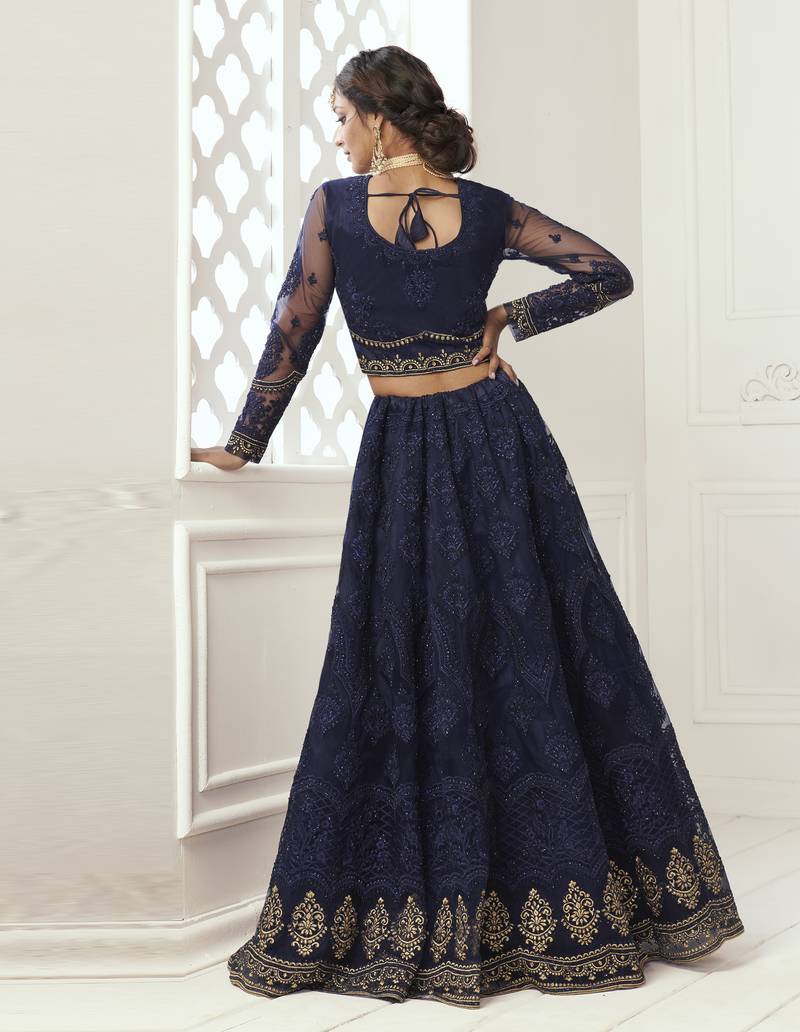 Deep Blue Coding Embroidered Net & Silk Satin Semi Stitched Lehenga choli for bride