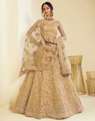 Golden Net Thread Embroidered Semi-Stitched Wedding Lehenga 1