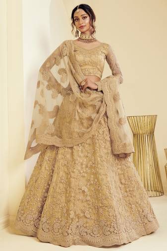 Golden Net Thread Embroidered Semi-Stitched Wedding Lehenga
