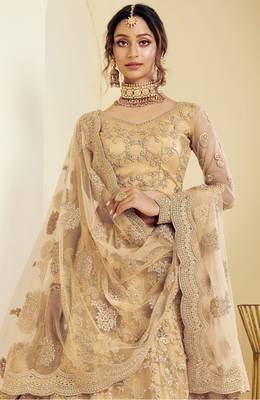 Golden Net Thread Embroidered Semi-Stitched Wedding Lehenga 2