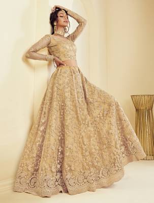 Golden Net Thread Embroidered Semi-Stitched Wedding Lehenga 3