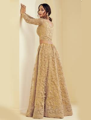Golden Net Thread Embroidered Semi-Stitched Wedding Lehenga 4