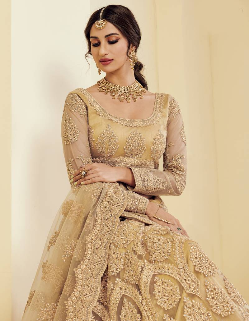 Golden Coding Embroidered Net Indian Origin Designer Bridal Lehenga For Wedding Occasions