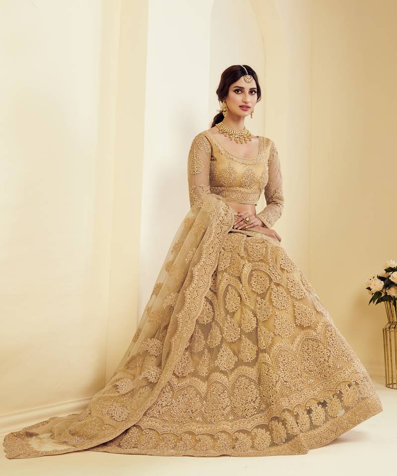 Golden Coding Embroidered Net Indian Origin Designer Bridal Lehenga For Wedding Occasions