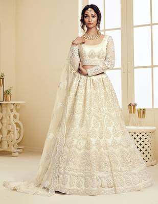 Off-White Coding Embroidered 2-Layer With Net And Silk Satin Semi Stitched Lehenga 1