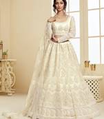 Off-White Coding Embroidered 2-Layer With Net And Silk Satin Semi Stitched Lehenga