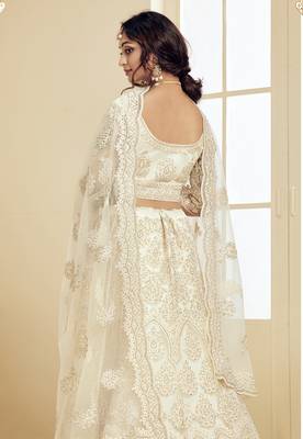 Off-White Coding Embroidered 2-Layer With Net And Silk Satin Semi Stitched Lehenga 2