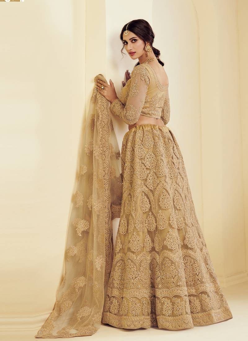 Golden Coding Embroidered Net Indian Origin Designer Bridal Lehenga For Wedding Occasions
