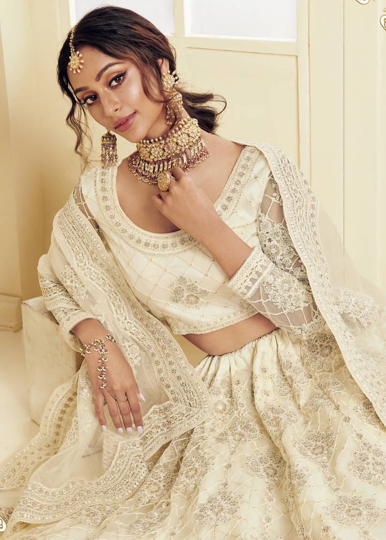 sweet off-white Coding Embroidered Net & Silk Satin Wedding Lehenga choli
