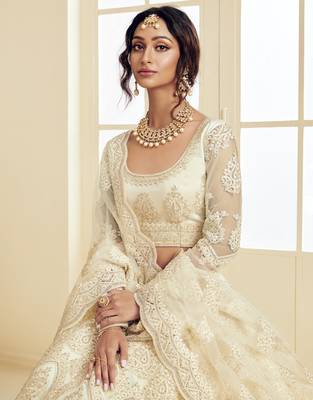 Off-White Coding Embroidered 2-Layer With Net And Silk Satin Semi Stitched Lehenga 3