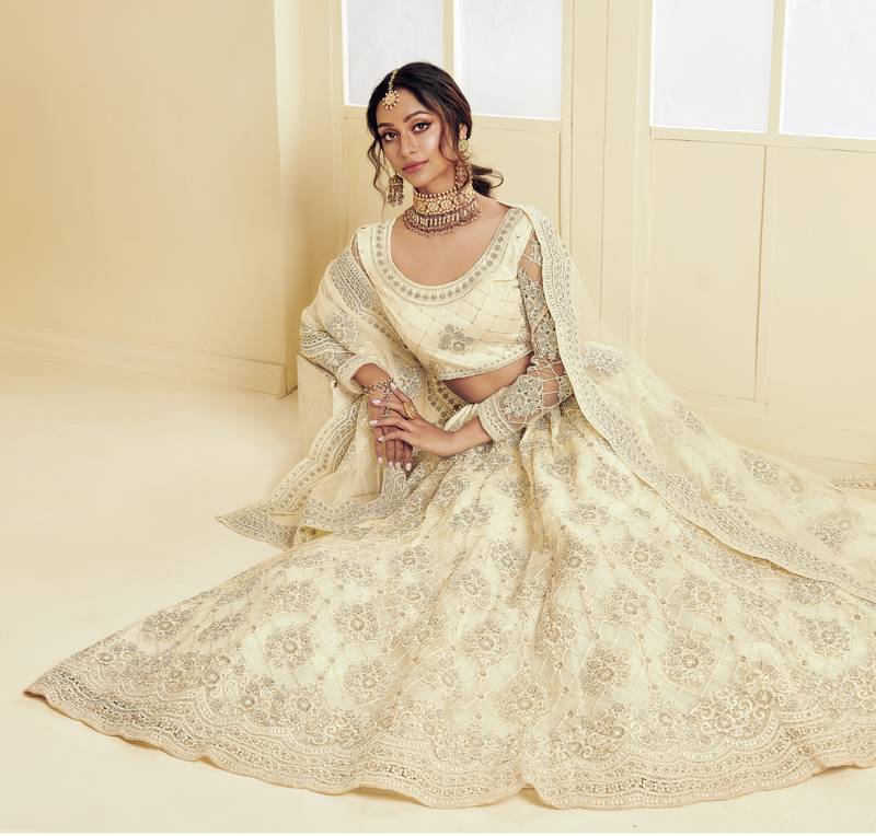 sweet off-white Coding Embroidered Net & Silk Satin Wedding Lehenga choli