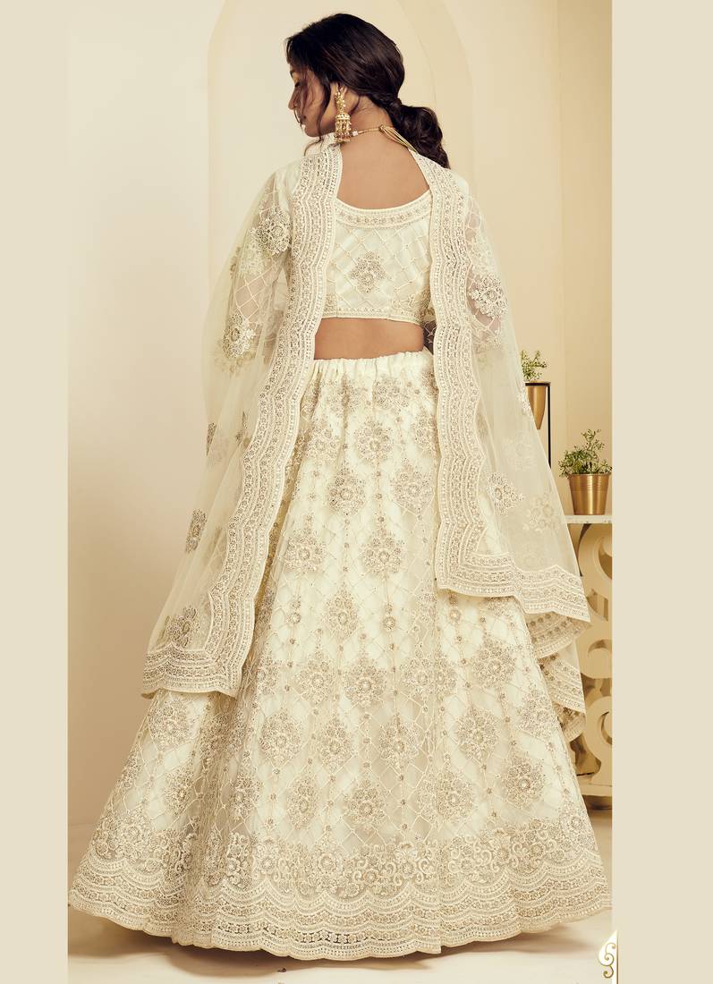 sweet off-white Coding Embroidered Net & Silk Satin Wedding Lehenga choli