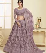 prepossessing violet Coding Embroidered Net & Silk Satin Bridal Lehenga choli