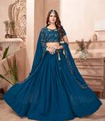 Blue embroidered georgette semi stitched lehenga