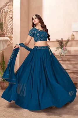 Blue embroidered georgette semi stitched lehenga 2