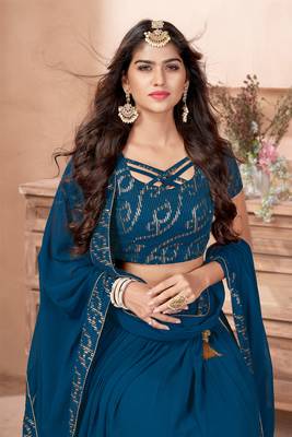 Blue embroidered georgette semi stitched lehenga 4