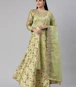 Green woven jacquard long-kurtis