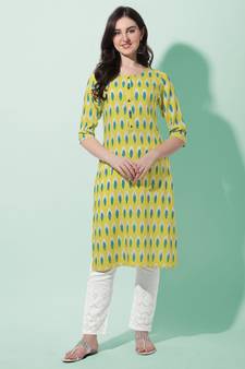 YELLOW GREEN IKAT PRINTED RAYON KURTA WITH PANT STITCHED