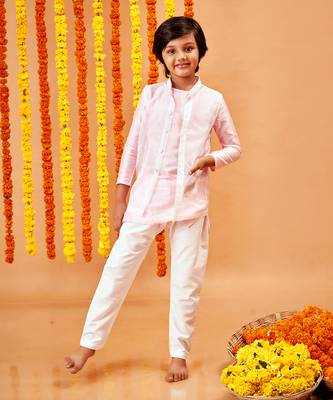 CHANDERI BUBBLE PINK KURTA PYJAMA WITH PEE A BOO BANDI 1
