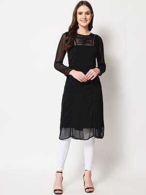 ARDITA Women Black Chiffon Embroidered Kurti with Lace Detailing 1