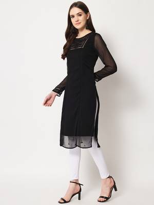 ARDITA Women Black Chiffon Embroidered Kurti with Lace Detailing 2