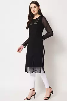 ARDITA Women Black Chiffon Embroidered Kurti with Lace Detailing