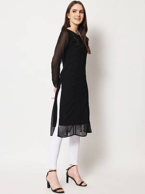 ARDITA Women Black Chiffon Embroidered Kurti with Lace Detailing 3