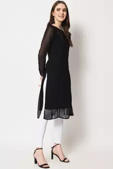 ARDITA Women Black Chiffon Embroidered Kurti with Lace Detailing
