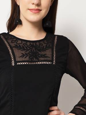 ARDITA Women Black Chiffon Embroidered Kurti with Lace Detailing 4